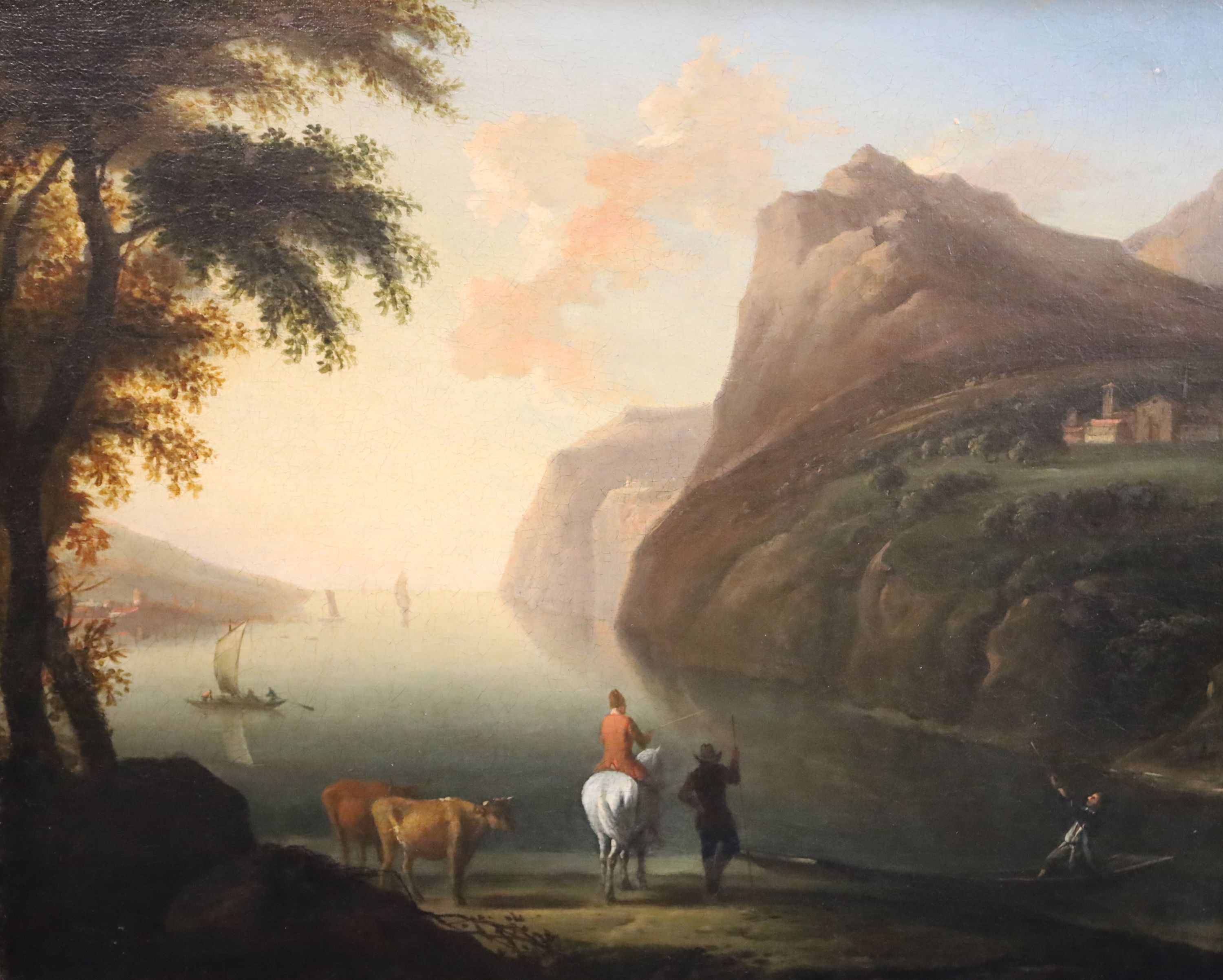 18th century English School Travellers in a coastal landscape with ferryman 20 x 25in.